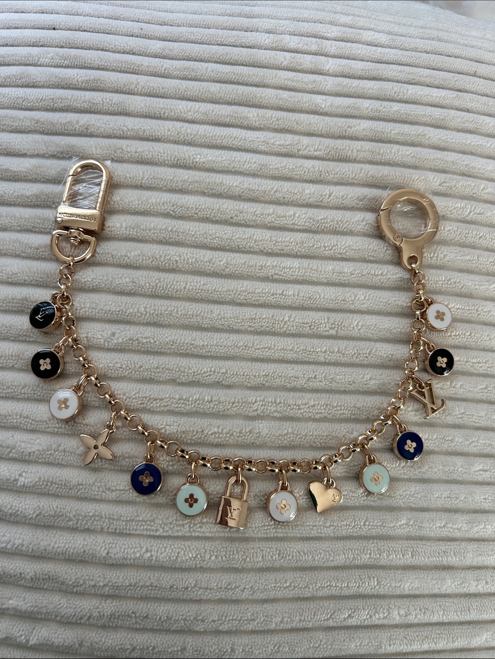 Gold Tone Charm Bag Chain with Multicolor Enamel Discs. 12”.